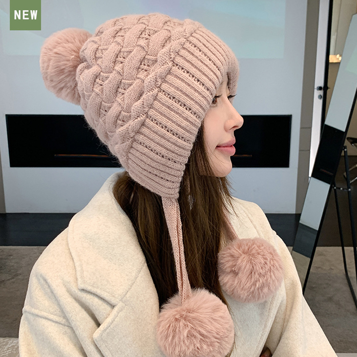 Mũ len nữ dệt kim hai lớp dày dặn chống lạnh ba quả bóng lông thỏ