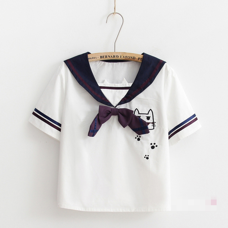 Nhật Bản Sen nữ dòng nghệ thuật Fan Meng chị mềm ngọt mèo thêu hai mảnh áo thun + váy nữ phù hợp với