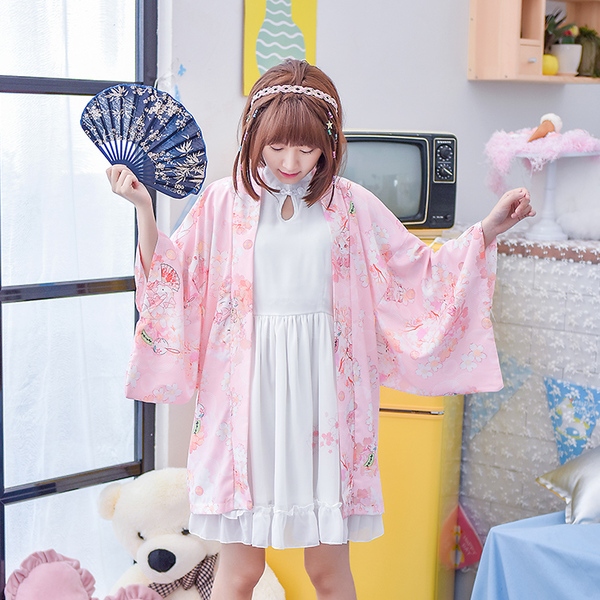 Áo khoác Kimono hình mèo và hoa Sakura