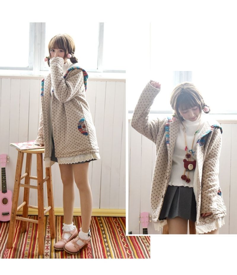 Áo khoác Mori girl chấm bi phối ren ở gấu áo