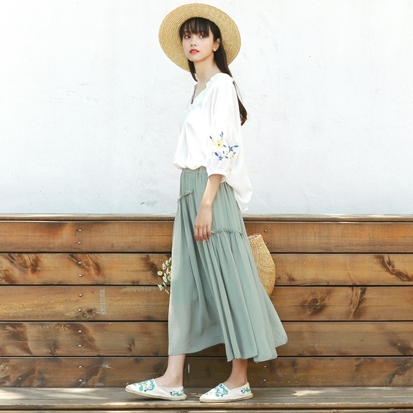 Nhật Bản nhỏ mộc nhĩ tươi voan váy eo đàn hồi váy trong một màu đôi nhàu nát chiếc váy mùa hè nữ