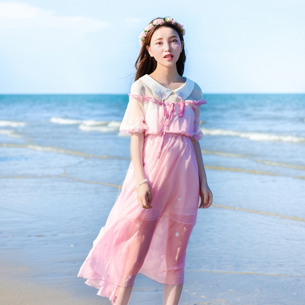 Váy tiểu thư họa tiết ngọc trai của biển