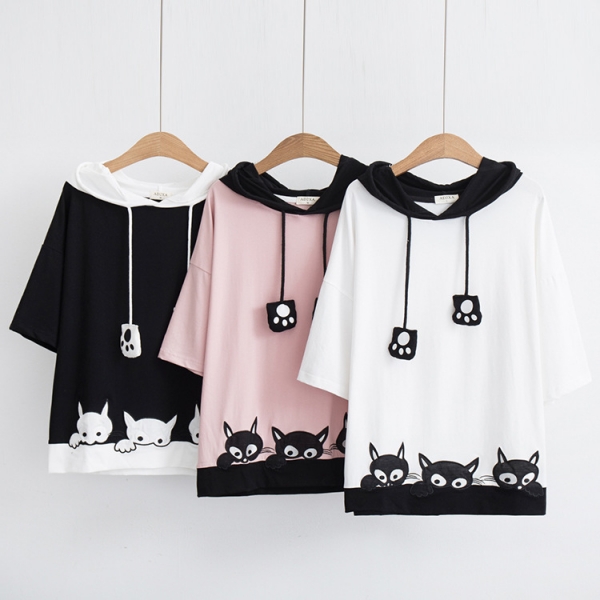 Áo thun hoodie ngắn tay hình những chú mèo và dấu chân