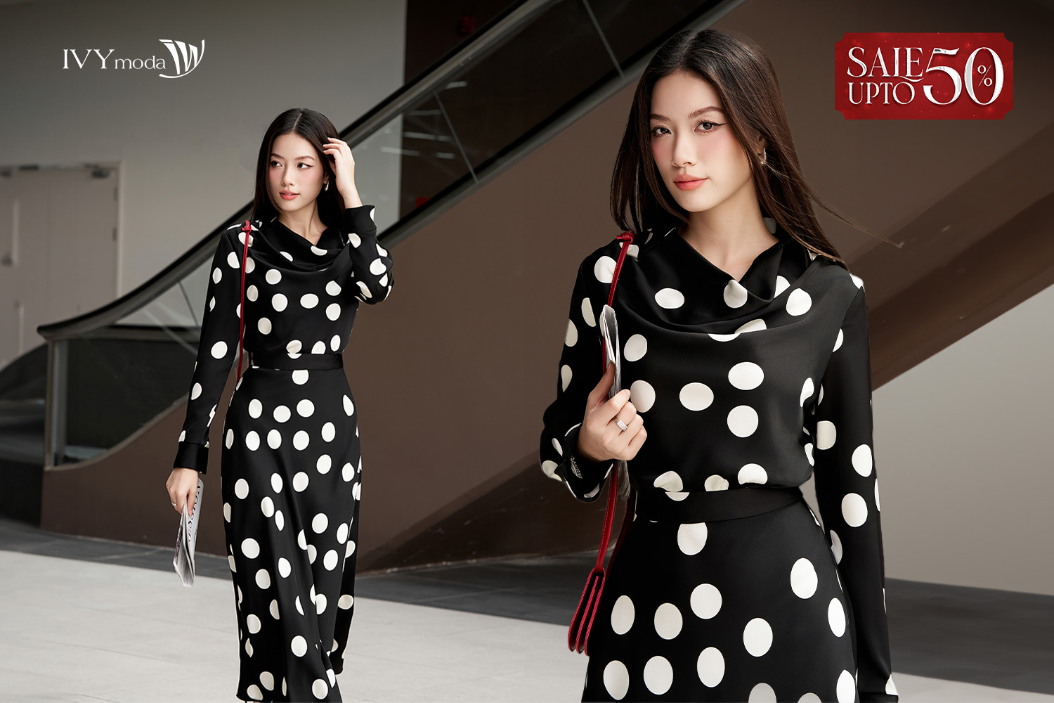 Váy thắt eo họa tiết chấm bi