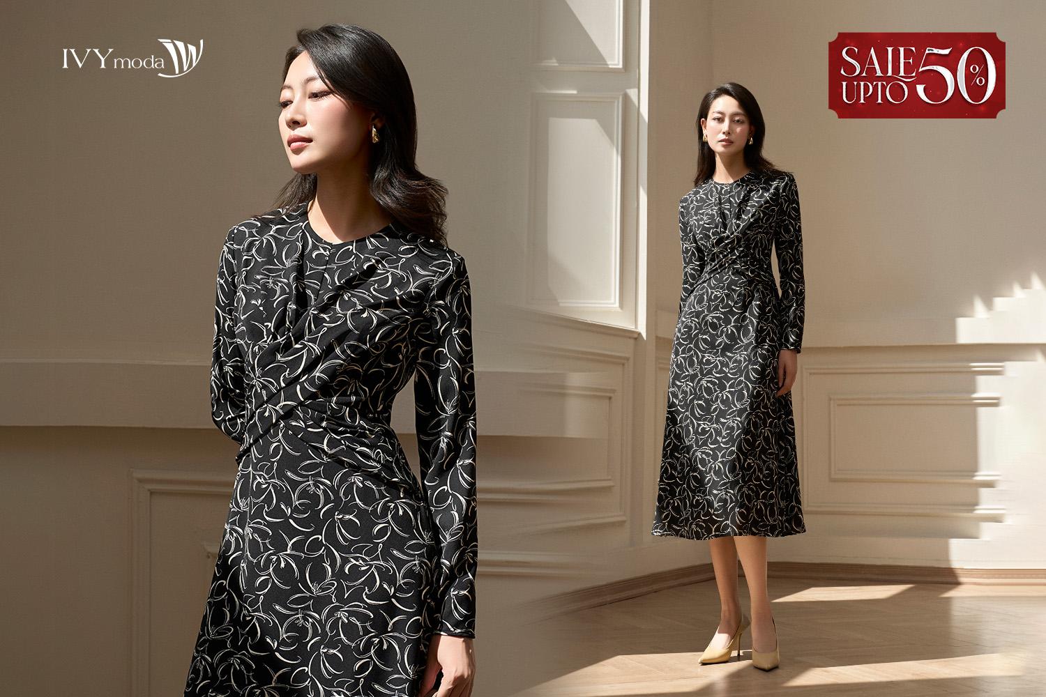 Váy đen họa tiết trắng