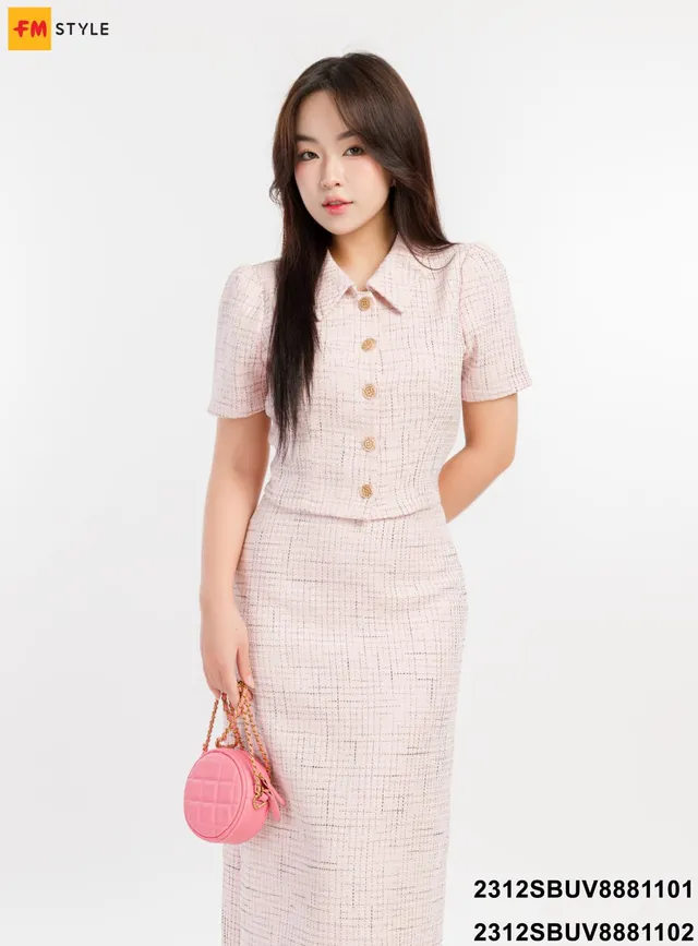 Set váy công sở tweed phối áo cổ trụ và chân váy dài sang trọng, lịch sự – tôn dáng