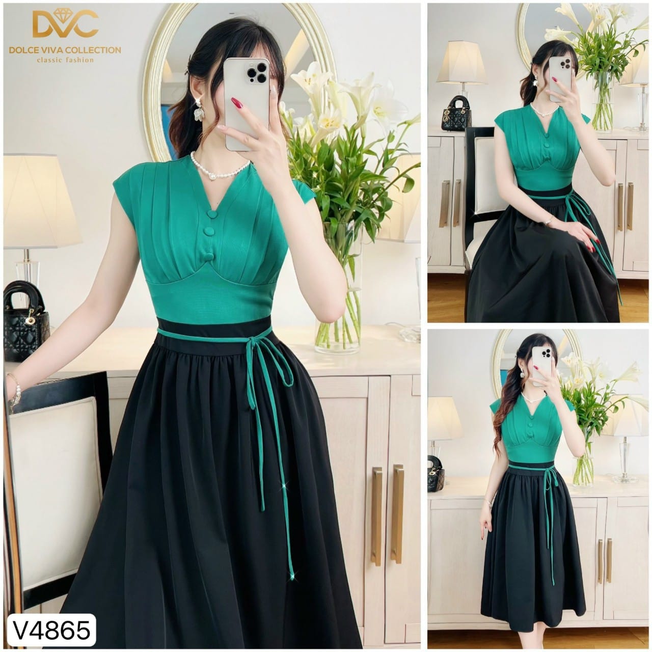 Váy liền dài với cổ chữ V kèm dây cột nơ.