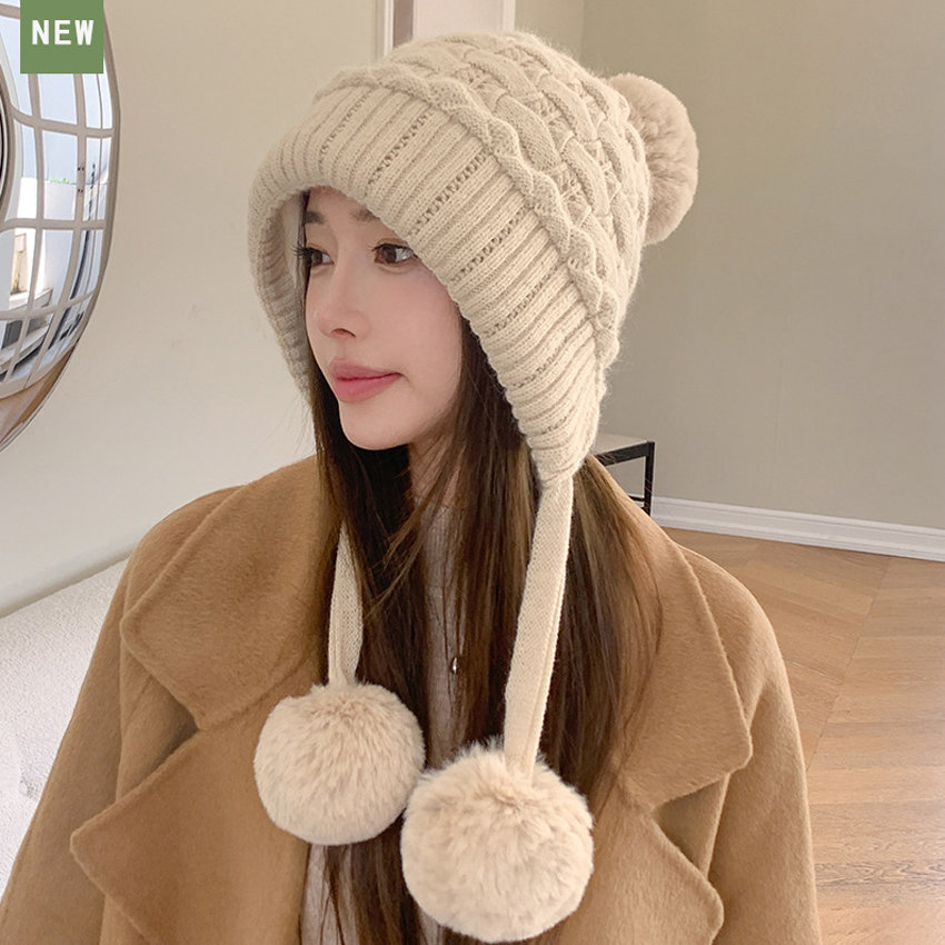 Mũ len dệt kim hai lớp dày dặn chống lạnh đính ba quả bóng lông thỏ dành cho nữ