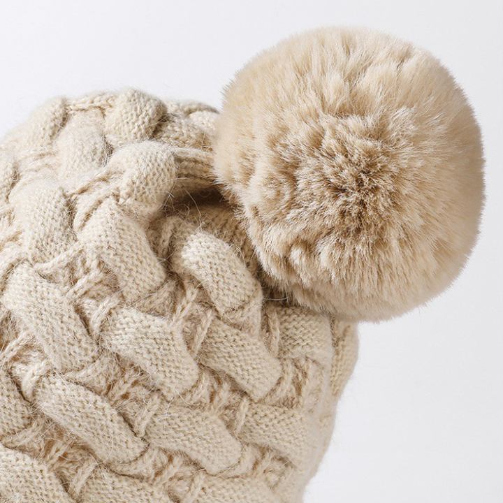 Mũ len nữ dệt kim hai lớp dày dặn chống lạnh ba quả bóng lông thỏ