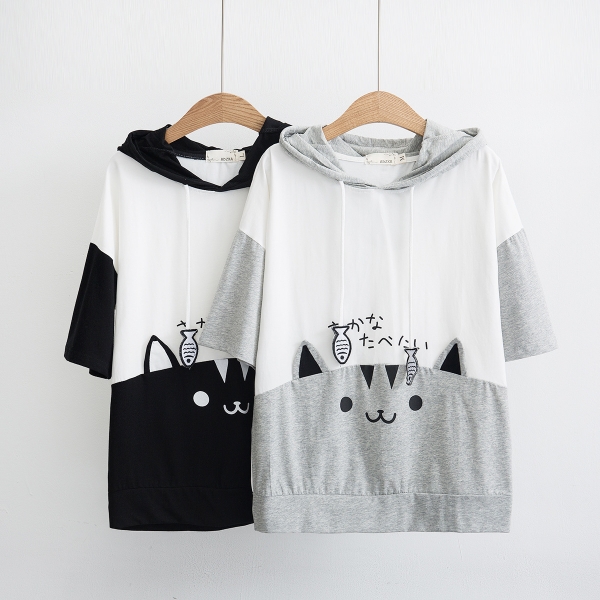 Áo thun hoodie ngắn tay hình mặt mèo và cá
