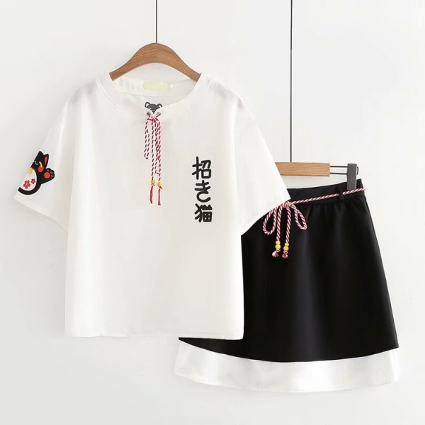 Set áo + chân váy hình chú mèo may mắn Nhật Bản