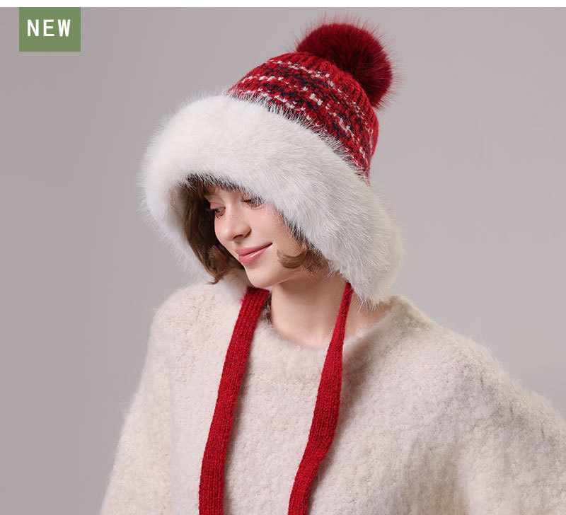 Mũ len đan nữ phong cách Hàn Quốc viền lông to, có chùm lông trang trí mùa thu đông