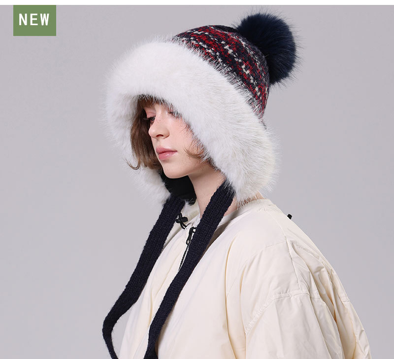 Mũ len đan nữ phong cách Hàn Quốc viền lông to, có chùm lông trang trí mùa thu đông