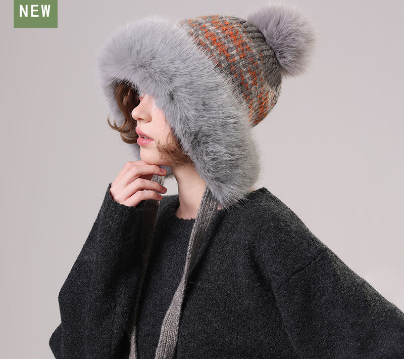 Mũ len đan nữ phong cách Hàn Quốc viền lông to, có chùm lông trang trí mùa thu đông