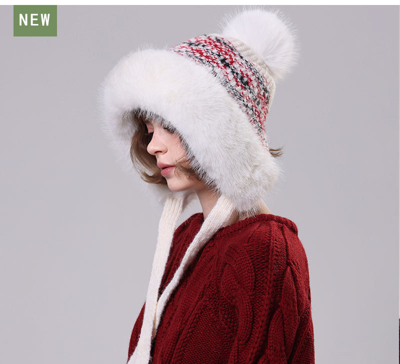 Mũ len đan nữ phong cách Hàn Quốc viền lông to, có chùm lông trang trí mùa thu đông