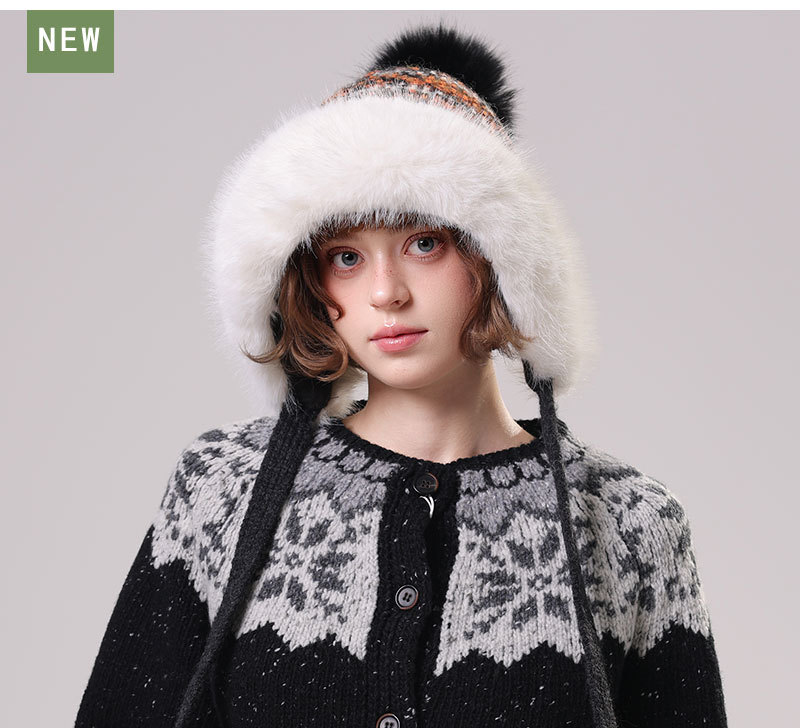 Mũ len đan nữ phong cách Hàn Quốc viền lông to, có chùm lông trang trí mùa thu đông