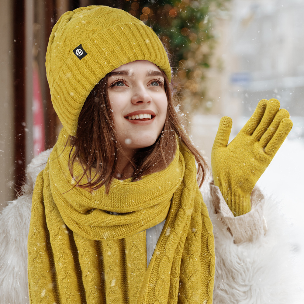Bộ ba món mũ, khăn, găng tay nữ dệt kim ấm áp