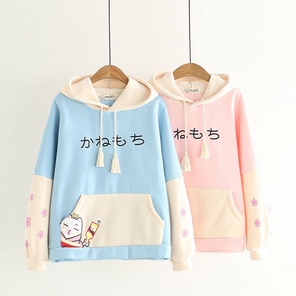 Áo hoodie nữ hình chú mèo và hoa anh đào Sakura