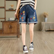 Quần short jean nữ lưng thun ống rộng thêu hoa rách nhẹ dáng rộng thoải mái trang phục mùa hè