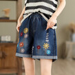 Quần short jean nữ lưng thun ống rộng thêu hoa rách nhẹ dáng rộng thoải mái trang phục mùa hè