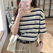 Áo thun nữ tay ngắn sọc phong cách retro, form rộng, cotton thêu,... - ảnh 1
