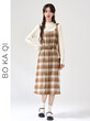 Váy yếm len kẻ caro nữ dáng trung dài mùa thu đông