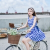 Váy sọc caro xanh thắt nơ 2 bên eo