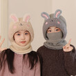 Mũ len trẻ em kiểu chui đầu thiết kế hoạt hình dễ thương với tai thỏ, mũ liền khăn che mặt và khăn quàng cổ, có lót lông giữ ấm mùa thu đông
