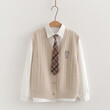Bộ áo len gile cardigan + áo sơ mi nữ đính cavat