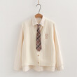 Bộ áo len gile cardigan + áo sơ mi nữ đính cavat