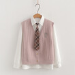 Bộ áo len gile cardigan + áo sơ mi nữ đính cavat