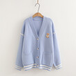 Áo khoác len cardigan họa tiết gấu hoạt hình dễ thương, áo sơ mi cổ phối ren trắng dành cho nữ