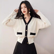 Áo len dệt kim cardigan nữ dáng ngắn phối viền đơn giản