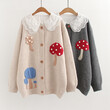 Áo khoác len cardigan họa tiết cây nấm dễ thương, áo sơ mi cổ phối ren cho nữ
