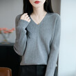 Áo len nữ cổ chữ V dáng rộng, chất liệu pha len lông cừu mùa thu đông