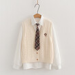 Bộ 3 món áo gile len cardigan thêu chữ cùng sơ mi và cổ đeo cà vạt.