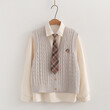 Bộ 3 món áo gile len cardigan thêu chữ cùng sơ mi và cổ đeo cà vạt.