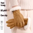 Găng tay da lộn lót lông nữ mùa đông, giữ ấm, chống lạnh, chống gió, dày dặn