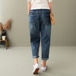 Quần jean lửng nữ mùa hè phong cách retro thêu hoa nhỏ, eo thun buộc dây, kiểu casual