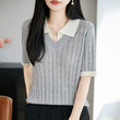 Áo len nữ dệt kim ngắn tay giả hai lớp cổ polo phối màu - ảnh 3