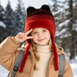 Mũ len dệt kim trẻ em thu đông có tai gấu lông, trùm đầu giữ ấm che tai cho bé trai bé gái