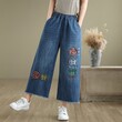 Quần jeans nữ ống suông lưng cao co giãn phối vải vá hình chú chó dễ thương