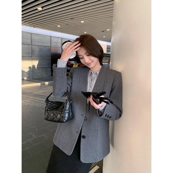 Áo khoác dạ blazer dáng rộng thanh lịch giữ ấm mùa thu đông