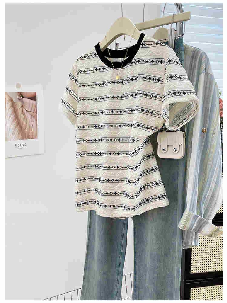 Áo t-shirt sọc tay ngắn cho nữ mùa hè thiết kế áo thun cổ tròn...