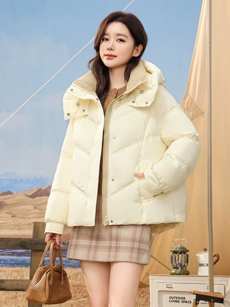 Áo khoác lông vũ ngắn có mũ trùm đầu cho nữ 