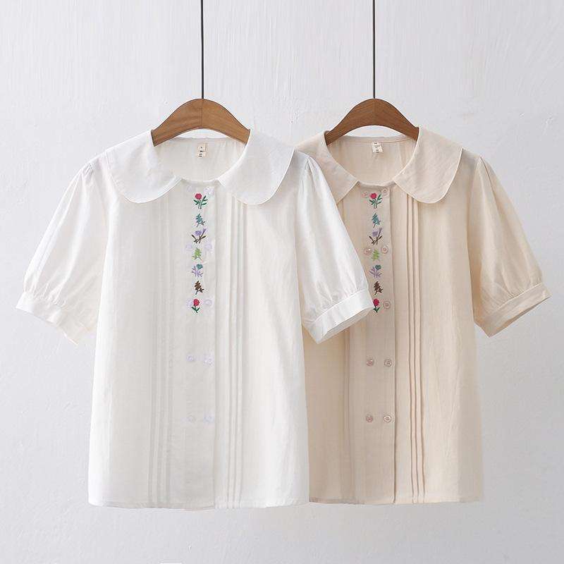 Áo sơ mi thêu hoa tay hơi phồng xinh xắn