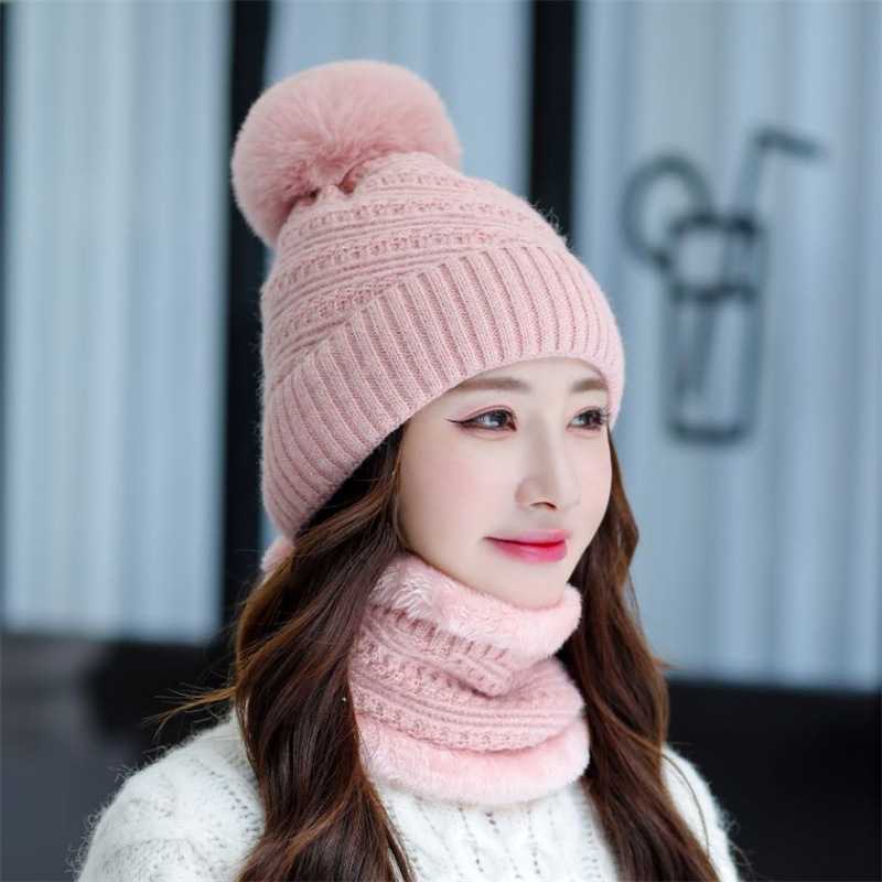 Set mũ len + quàng cổ nữ đính quả bông