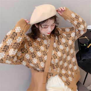 Áo khoác len cardigan nữ họa tiết hoa phong cách retro