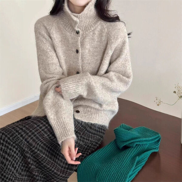 Áo len cardigan nữ cổ cao, dáng rộng kiểu Hàn
