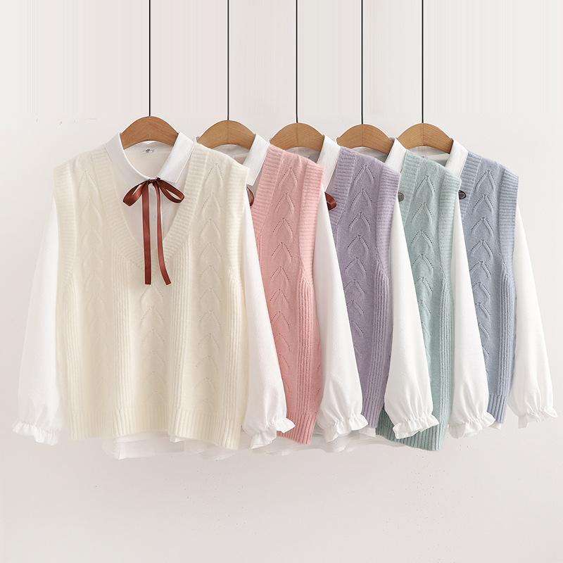 Set áo len gile + sơ mi đính nơ mùa thu